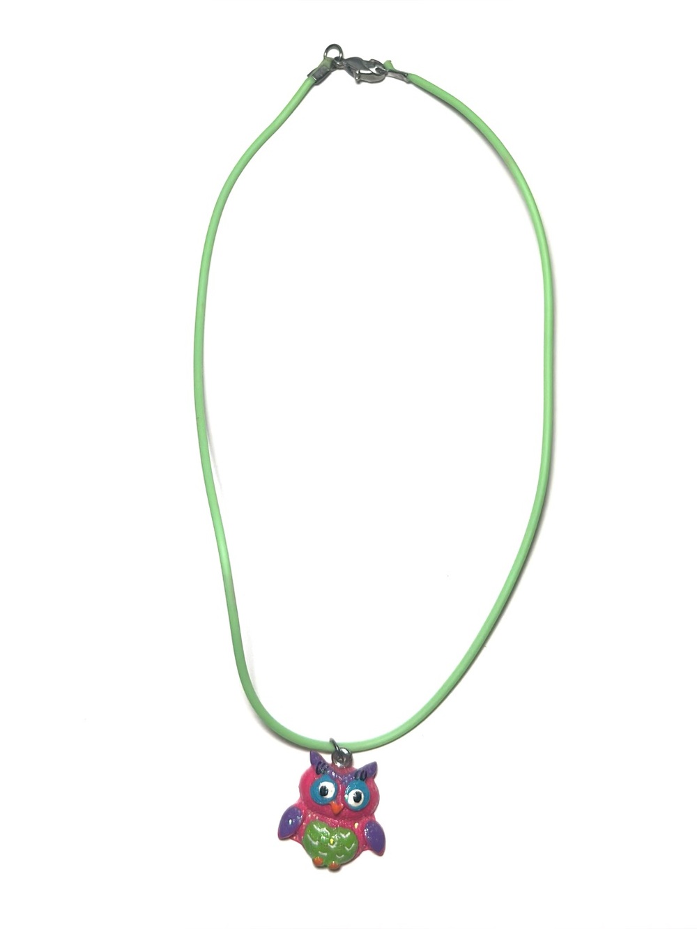 Y2K Green Cord Necklace with Colorful Glitter Owl Pendant Kids Jewelry Choker
